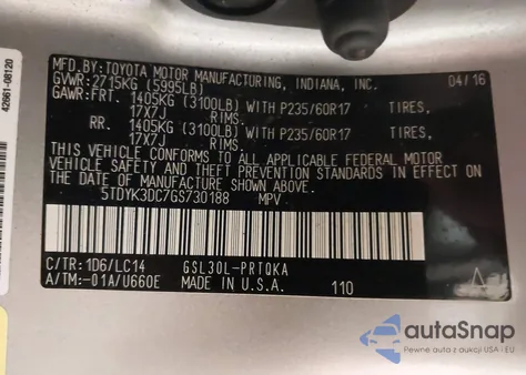 2016 Toyota Sienna Xle 8 Passenger z USA, uszkodzony, nr VIN 5TDYK3DC7GS730188